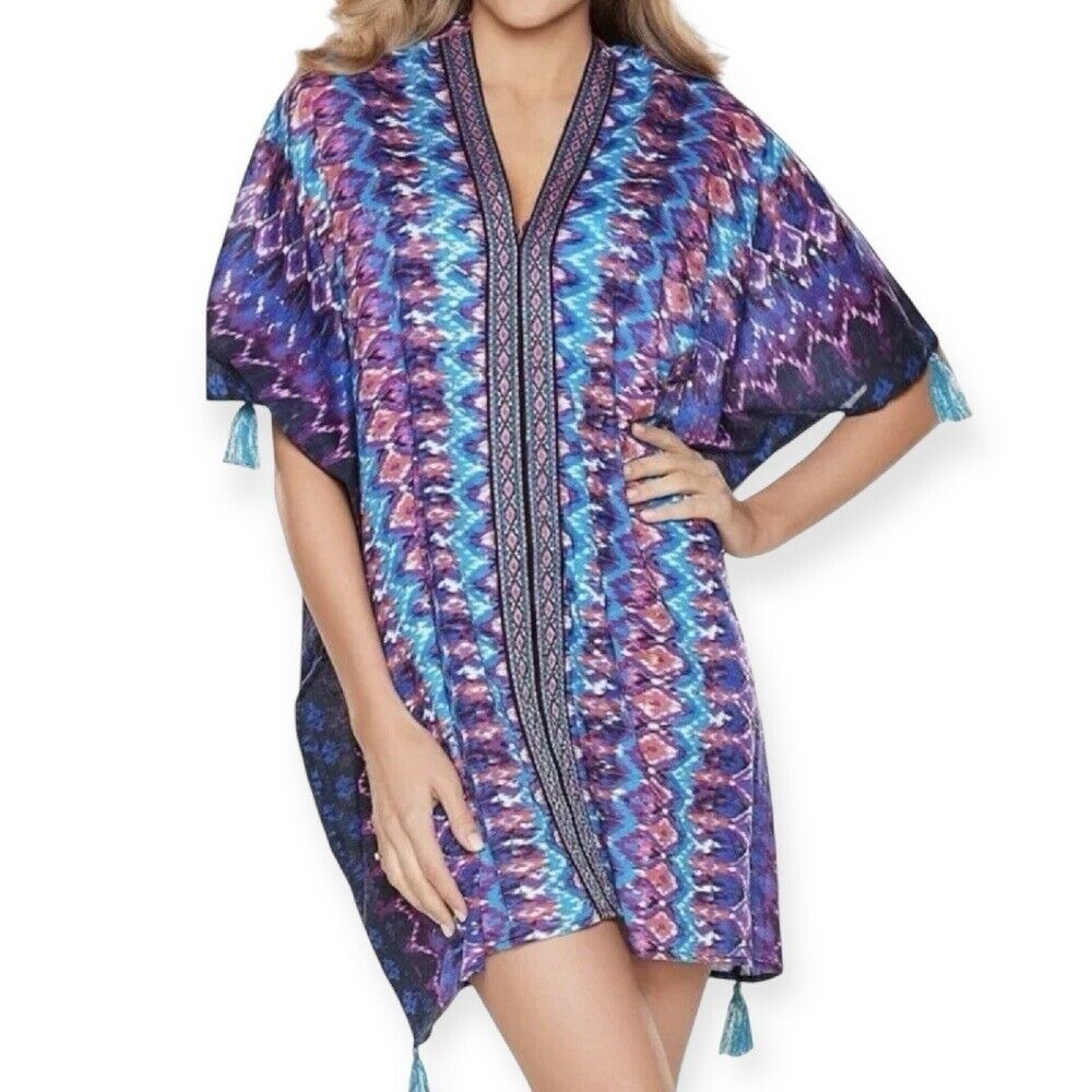 Miraclesuit NWT Bella Alba Cotton Caftan Cover-Up Tassel Kimono size L Beach